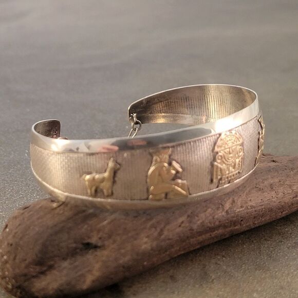 Vintage Sterling & 18k Yellow Gold Peruvian Inca Cuff Bracelet - Picture 9 of 10